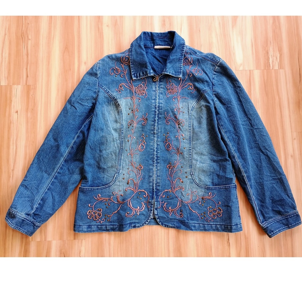 Tantrums Womens XXL Blue Denim Jacket Pink Floral Embroidered Studded Front Zip